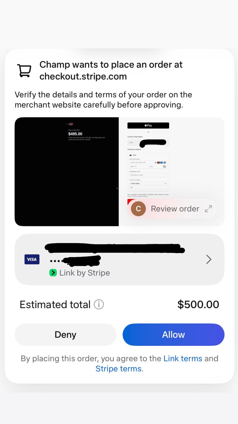 Agent-native checkout built by DSE Group: the AI agent prepares the 495 dollar booking and presents a single approve or deny payment card through Link by Stripe for human approval
