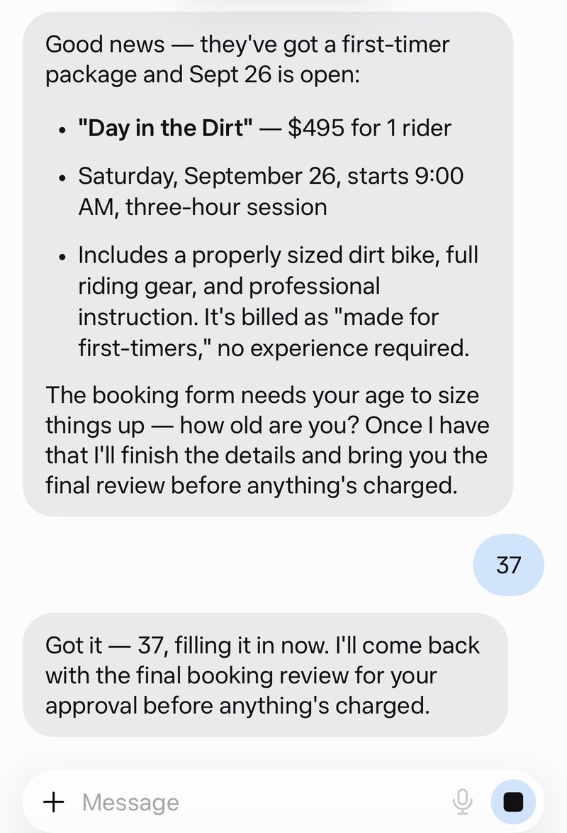 AI agent booking test by DSE Group: the agent finds the Day in the Dirt first-timer package, quotes the 495 dollar price, confirms September 26 availability and asks for rider age to complete the booking form