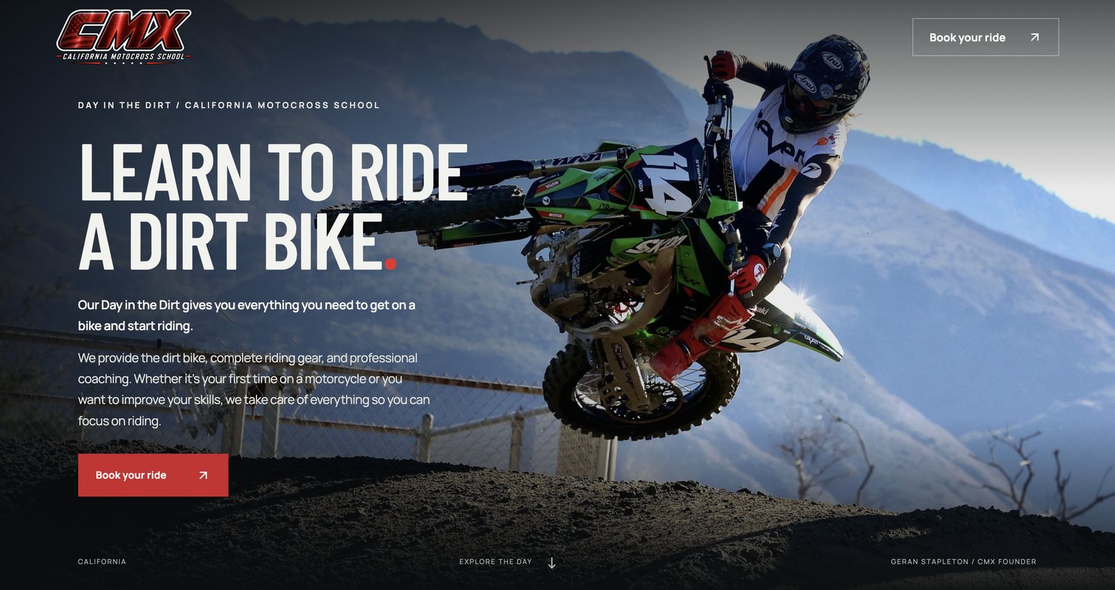 Agent-ready website rebuild by DSE Group: the California Motocross School Day in the Dirt page structured so AI agents can read the offer and complete a booking